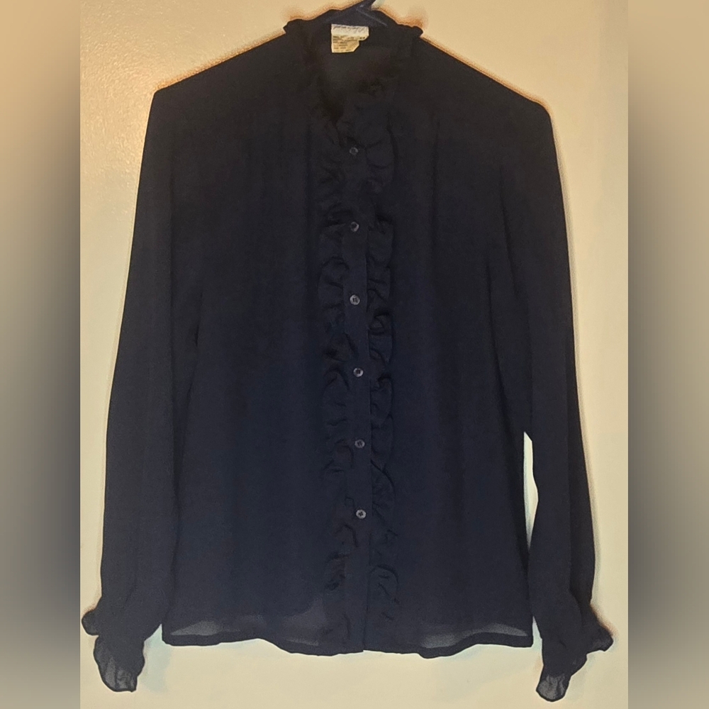 Vintage Lord & Taylor Ruffle Blouse Navy Ruffled Front & Cuffs 12 Semi-sheer
